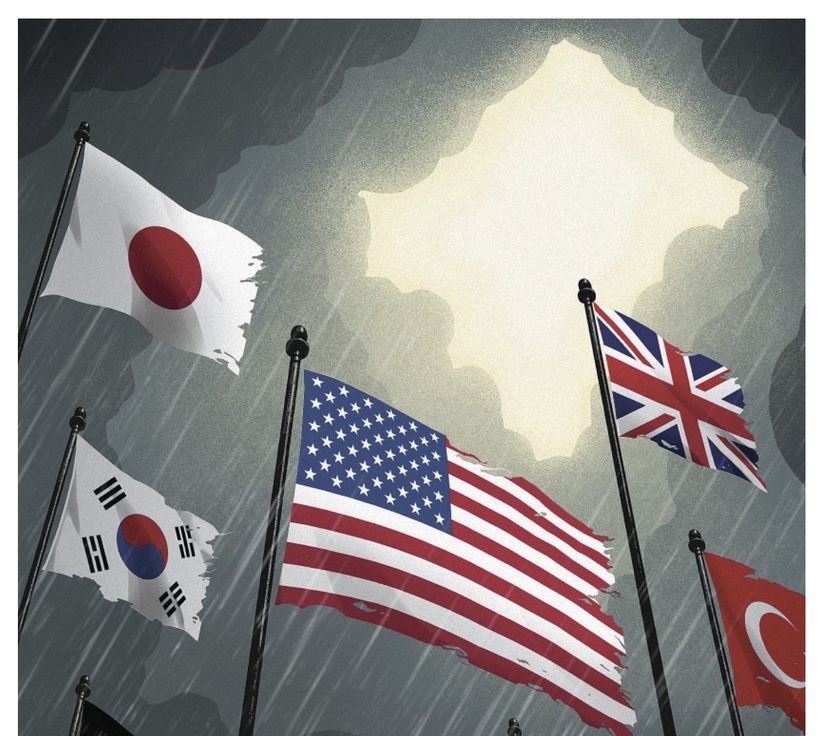 Drapeaux des alliés des États-Unis, déchirés, sous une pluie battante.