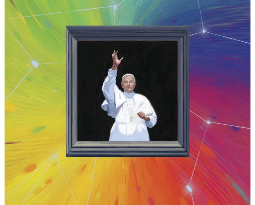 Un portrait encadré du pape bénissant, accroché sur un fond de couleurs tourbillonnantes traversé de constellations.