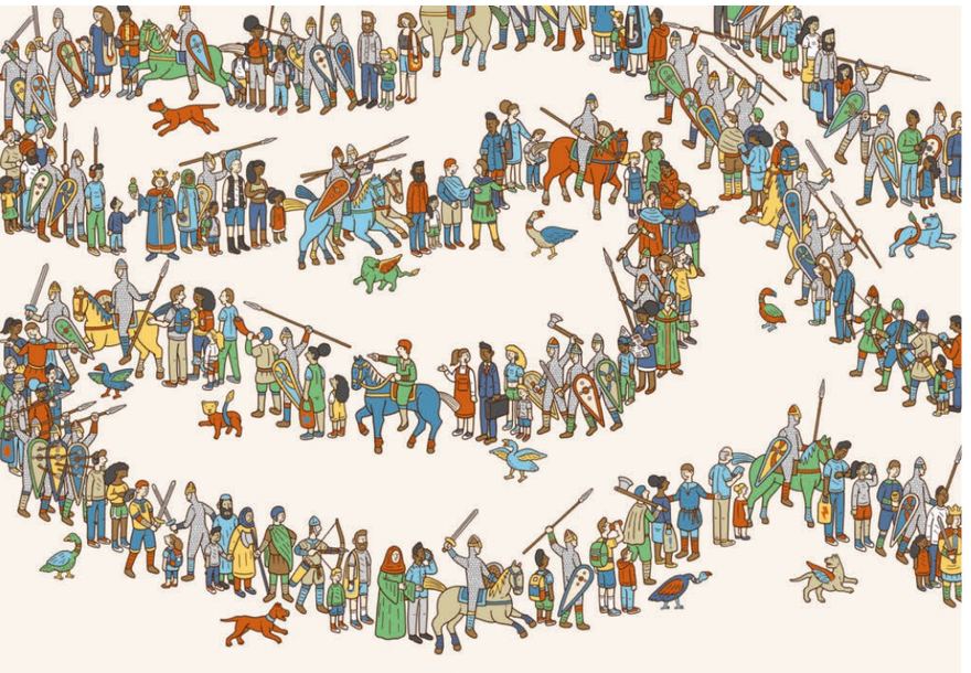 L'illustration du dossier Culture : la file d'attente pour voir la tapisserie, dessinée dans le style de la tapisserie.